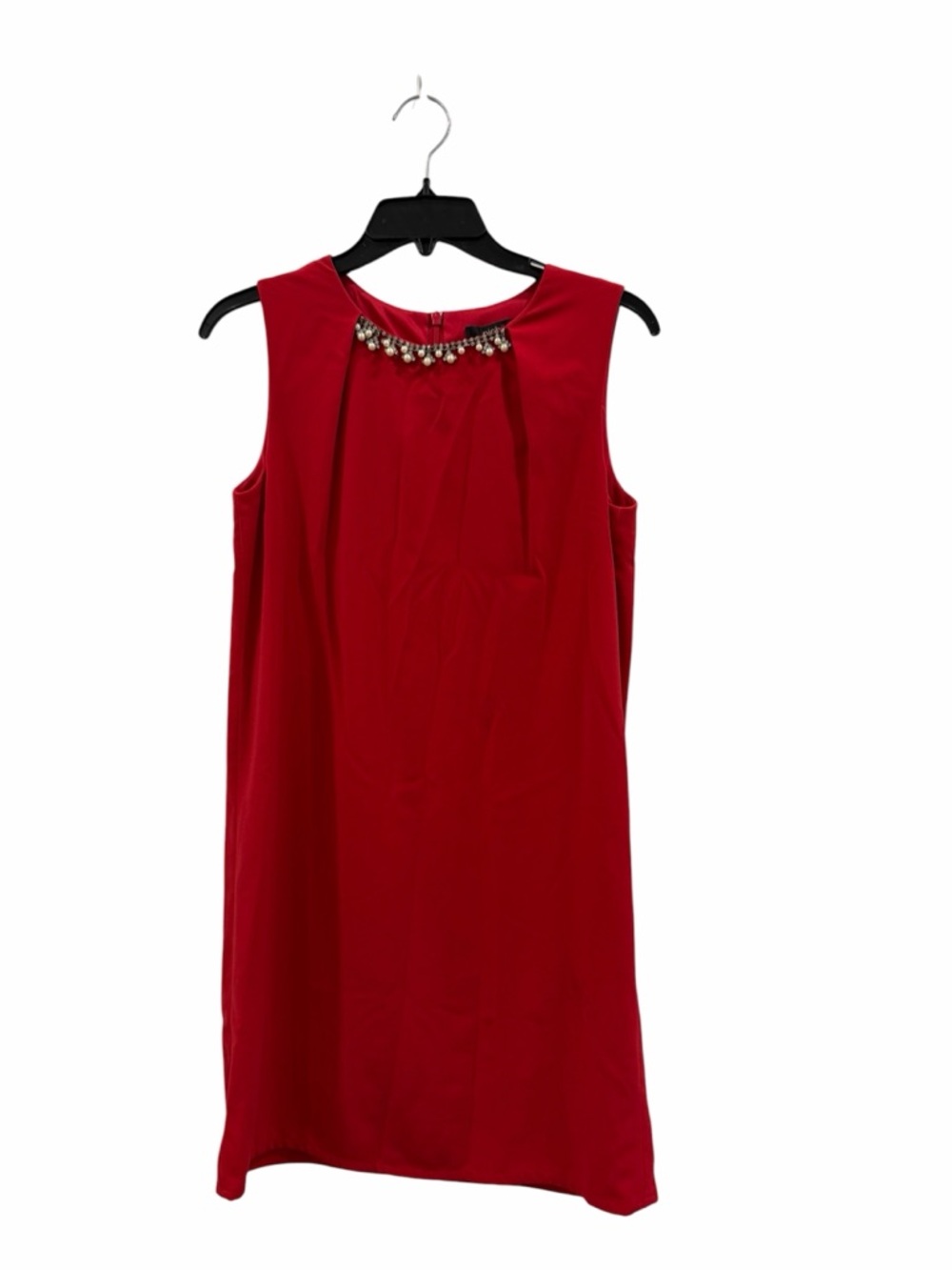 Sleeveless Red Midi Dress with Embellished Jewel Neck
